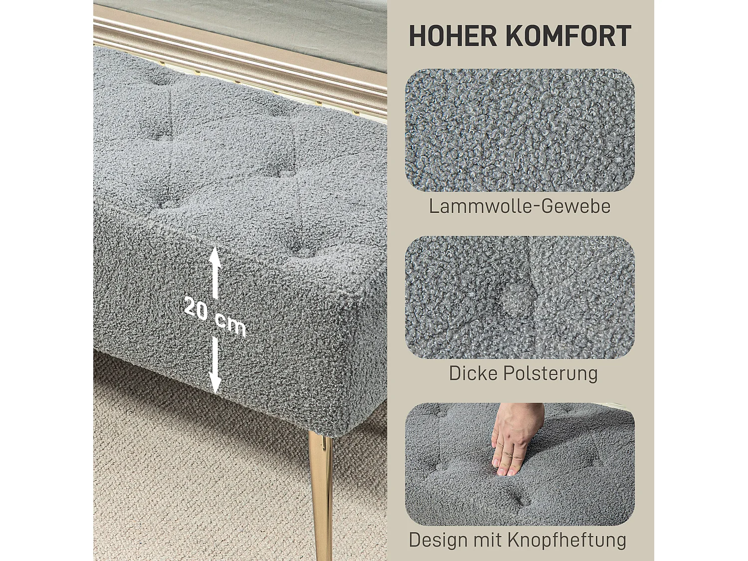 Banc rembourré aspect laine d'agneau et coutures boutonnées,avec pieds en acier robustes