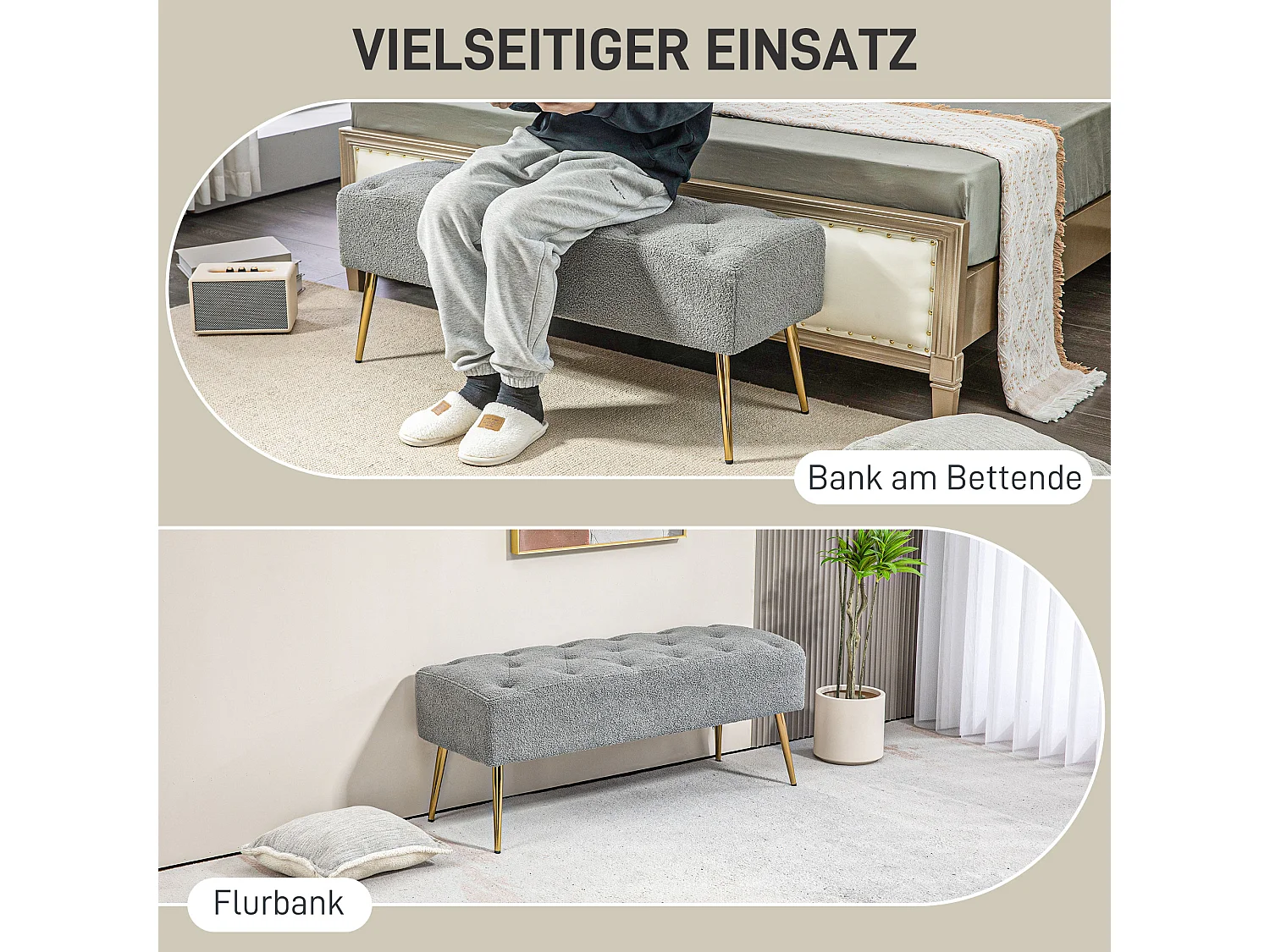 Banc rembourré aspect laine d'agneau et coutures boutonnées,avec pieds en acier robustes