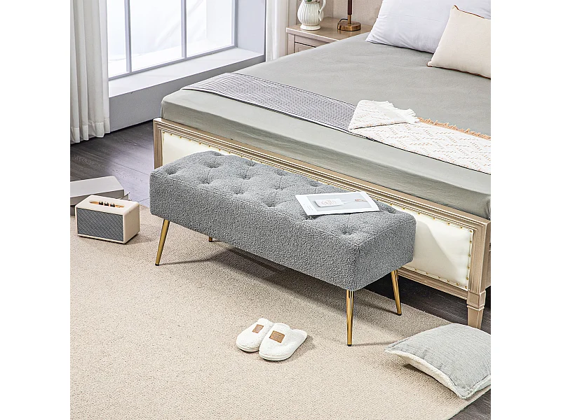 Banc rembourré aspect laine d'agneau et coutures boutonnées,avec pieds en acier robustes