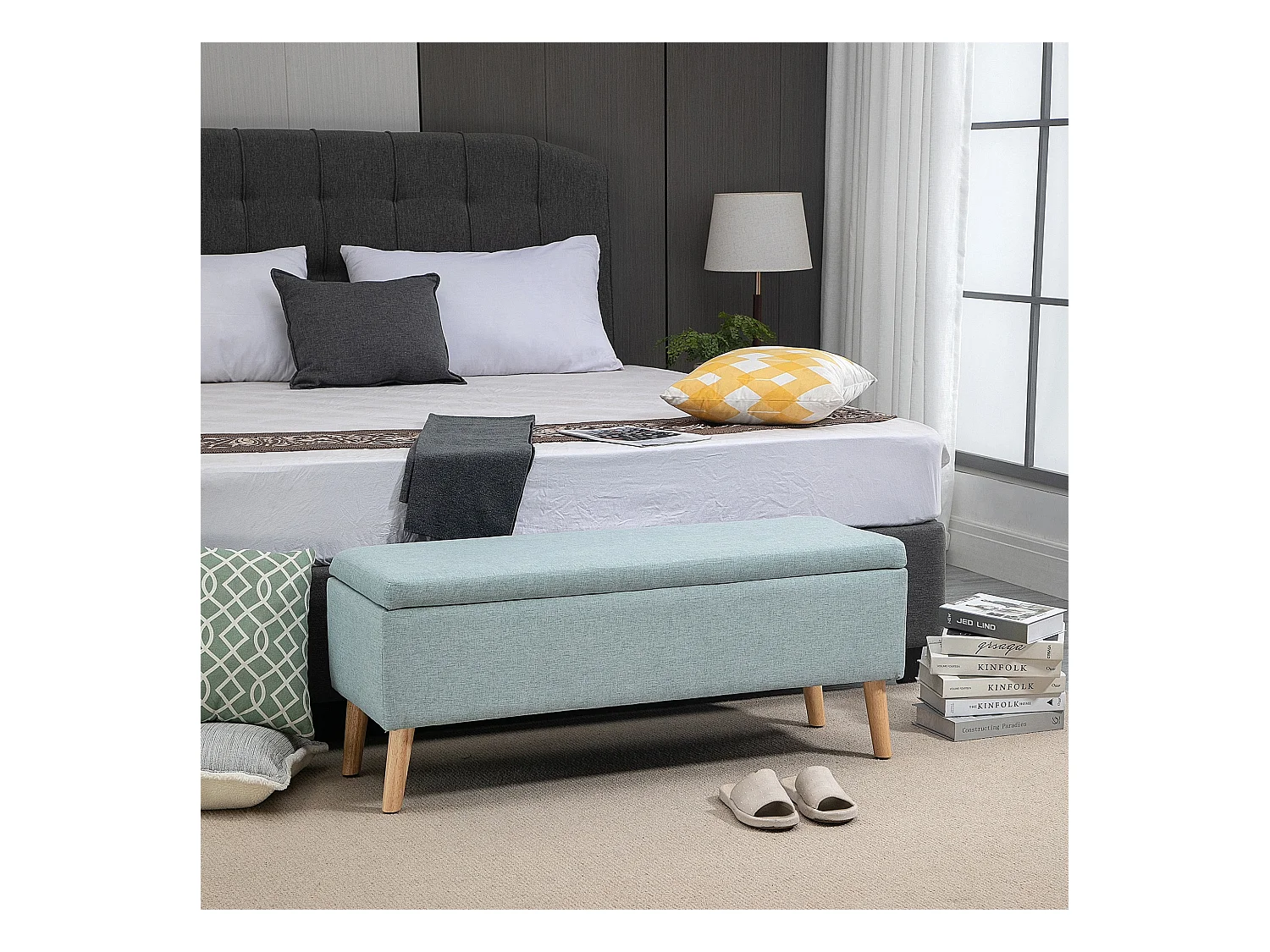 Banc rembourré vert clair avec espace de rangement 110x39x45cm en polyester aspect lin