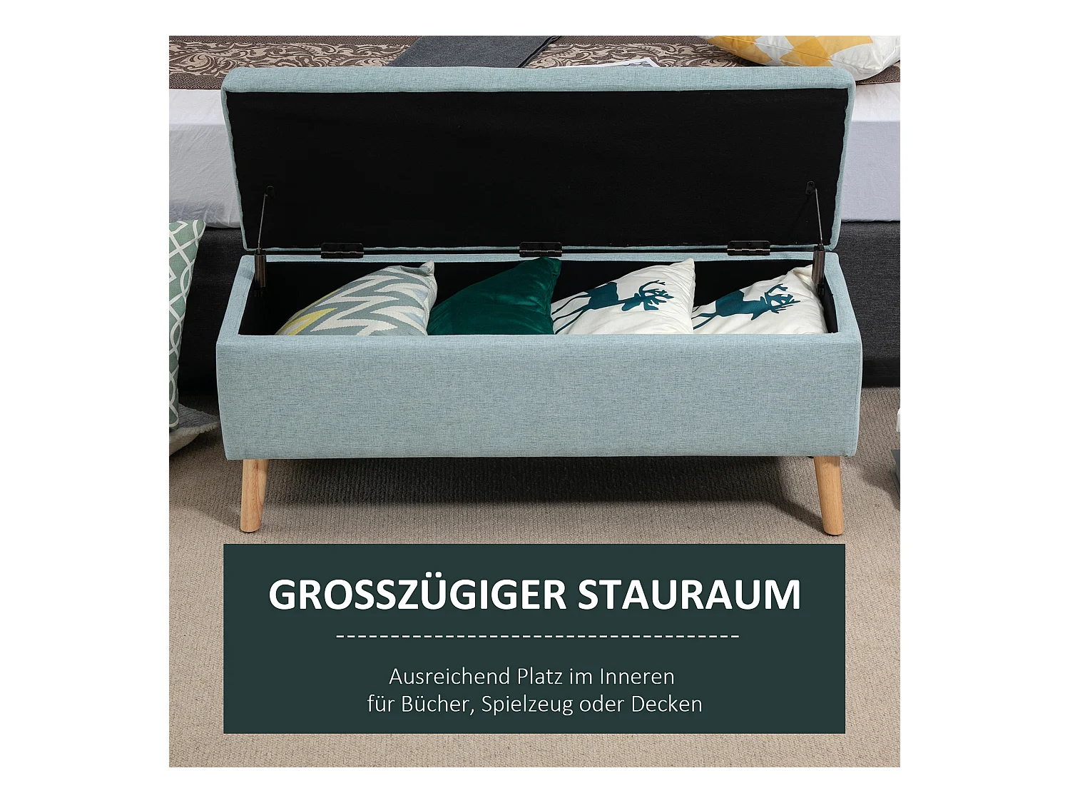 Banc rembourré vert clair avec espace de rangement 110x39x45cm en polyester aspect lin