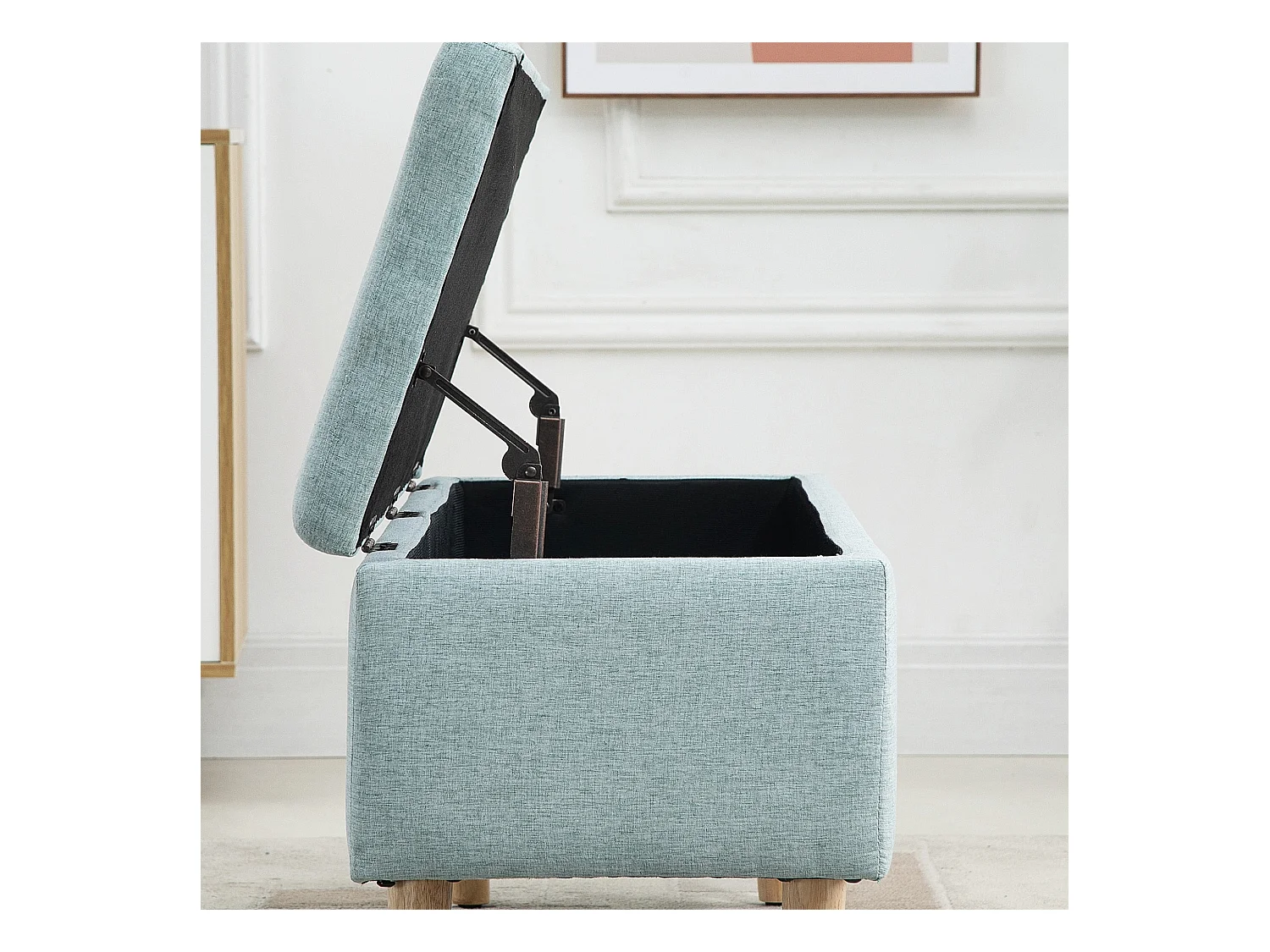 Banc rembourré vert clair avec espace de rangement 110x39x45cm en polyester aspect lin