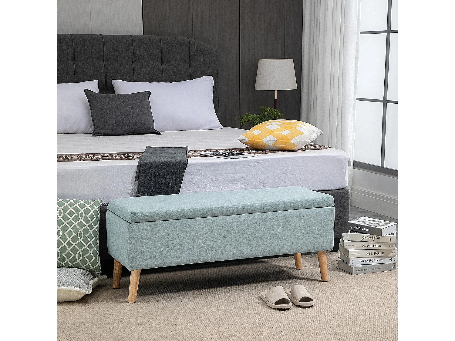 Lichtgroene Gestoffeerde Bank met Opbergruimte,110 x 39 x 45 cm,Linnenlook Polyester