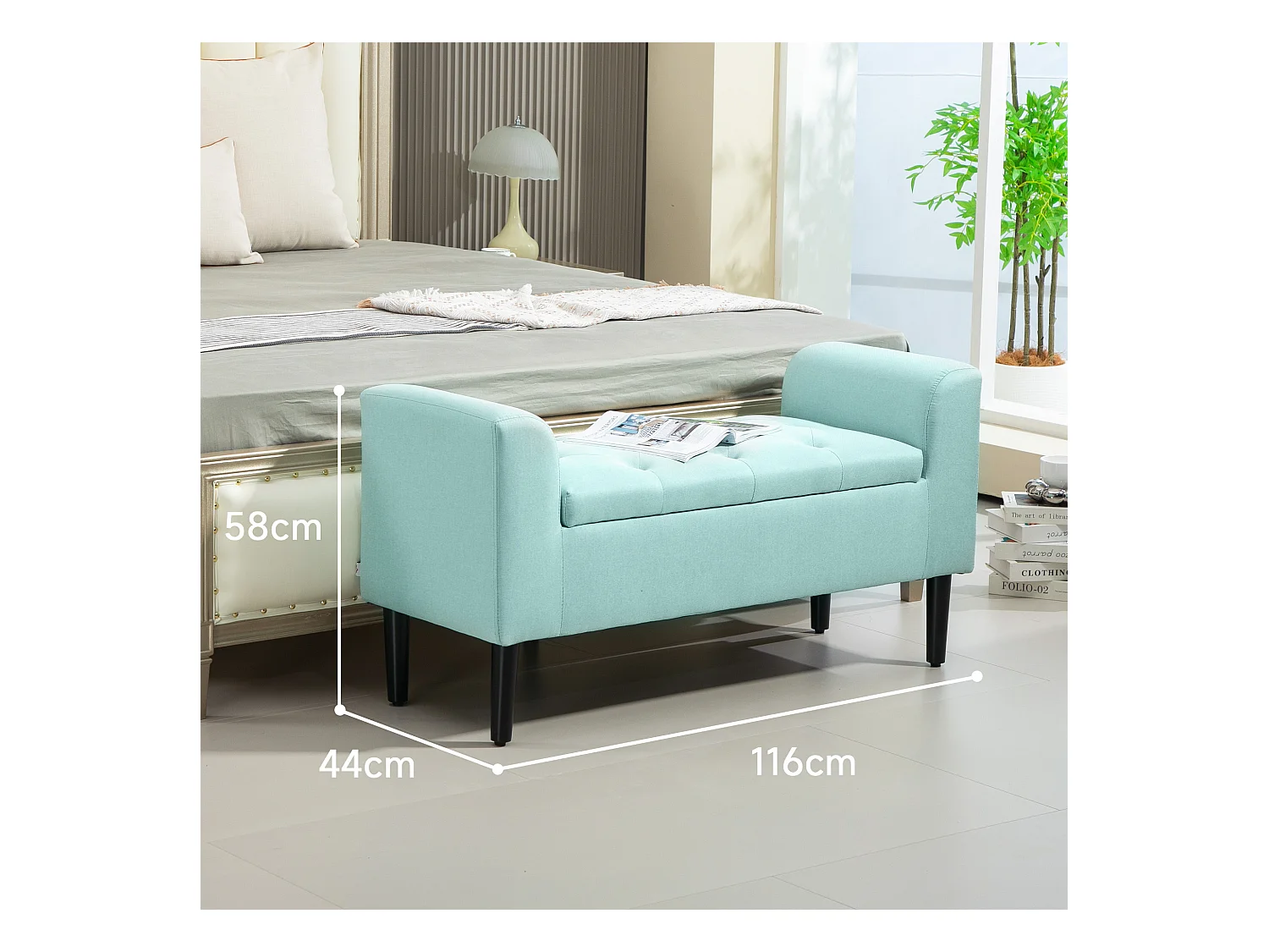 Sitzbank mit Stauraum, Polsterbank mit Leinenoptik, 116 x 44 x 58 cm Grün