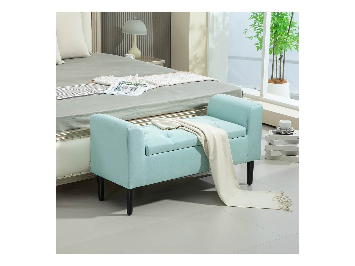 Sitzbank mit Stauraum, Polsterbank mit Leinenoptik, 116 x 44 x 58 cm Grün