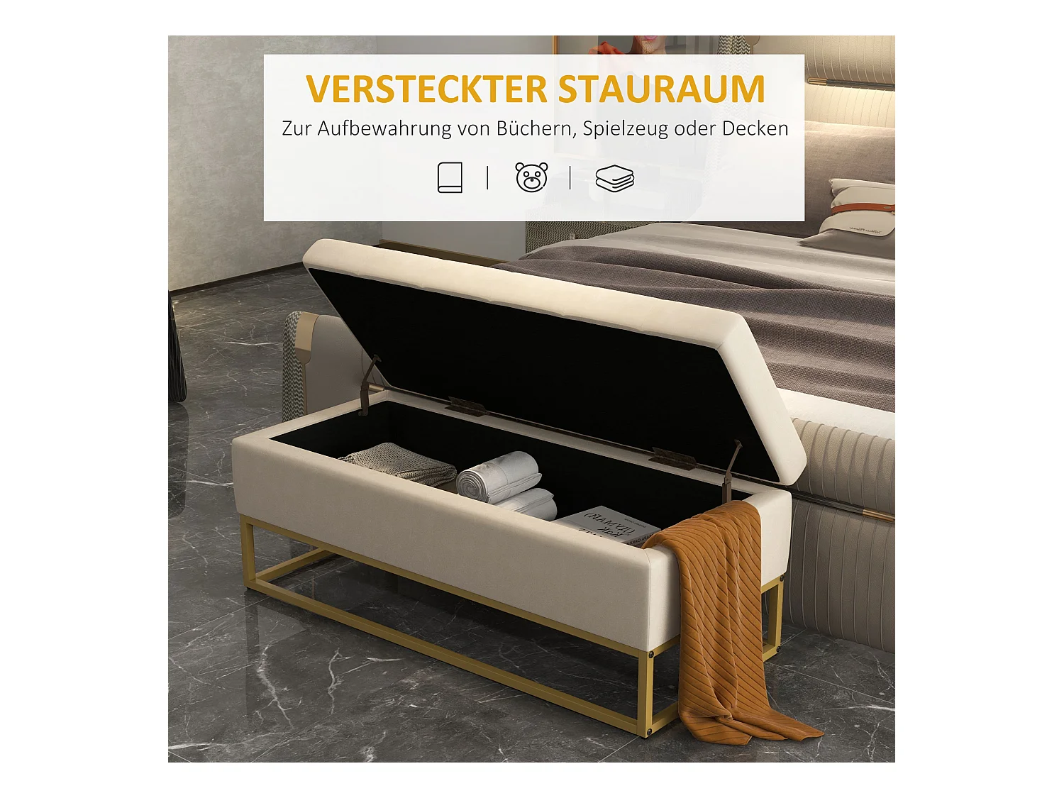 Sitzbank mit Stauraum Polsterbank mit Klappdeckel in Beige Samtoptik Bettbank