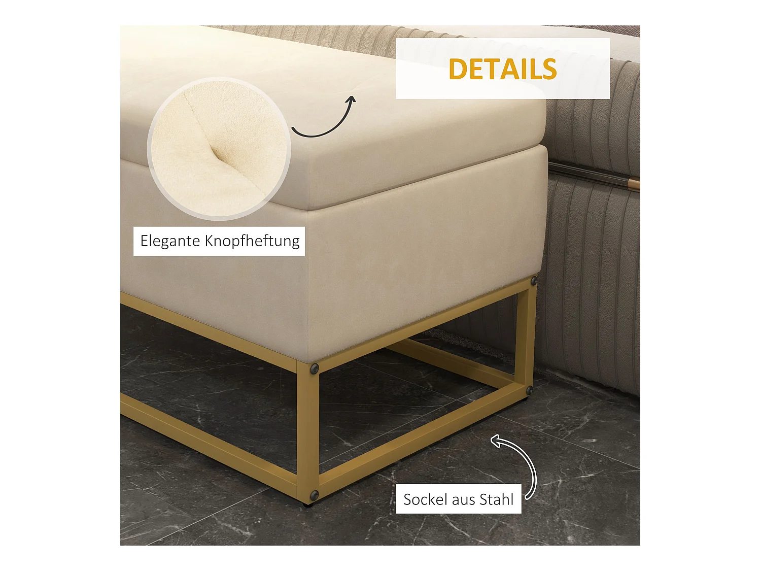 Sitzbank mit Stauraum Polsterbank mit Klappdeckel in Beige Samtoptik Bettbank