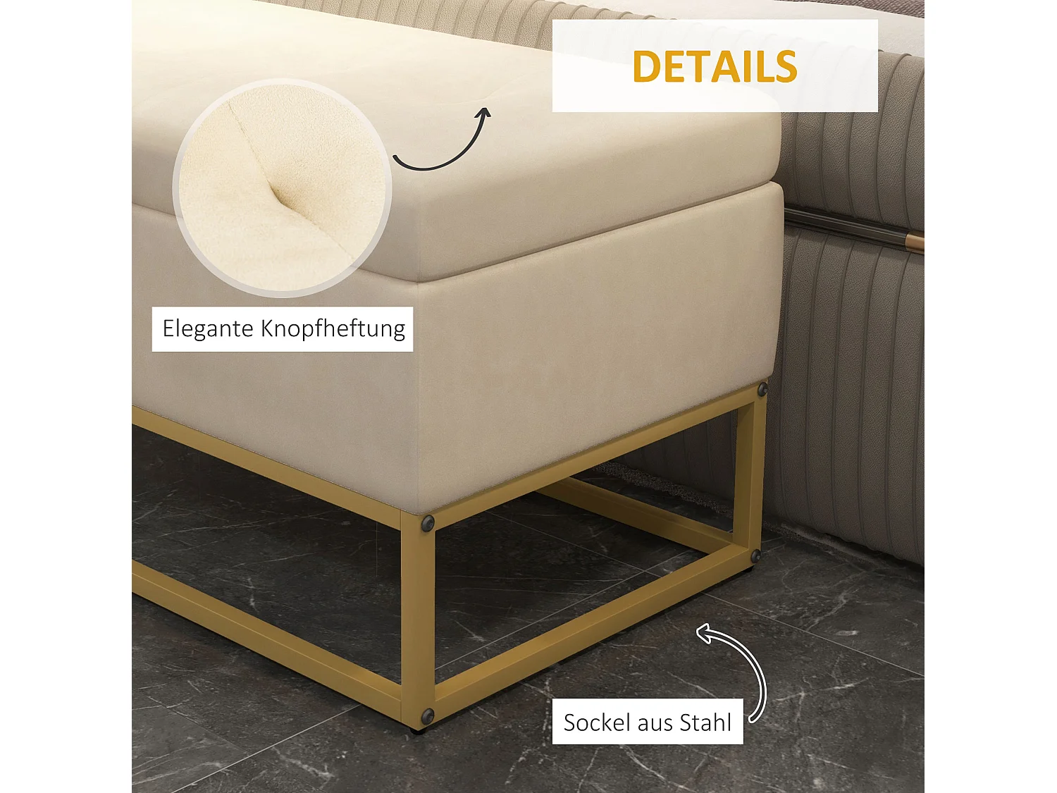 Sitzbank mit Stauraum Polsterbank mit Klappdeckel in Beige Samtoptik Bettbank