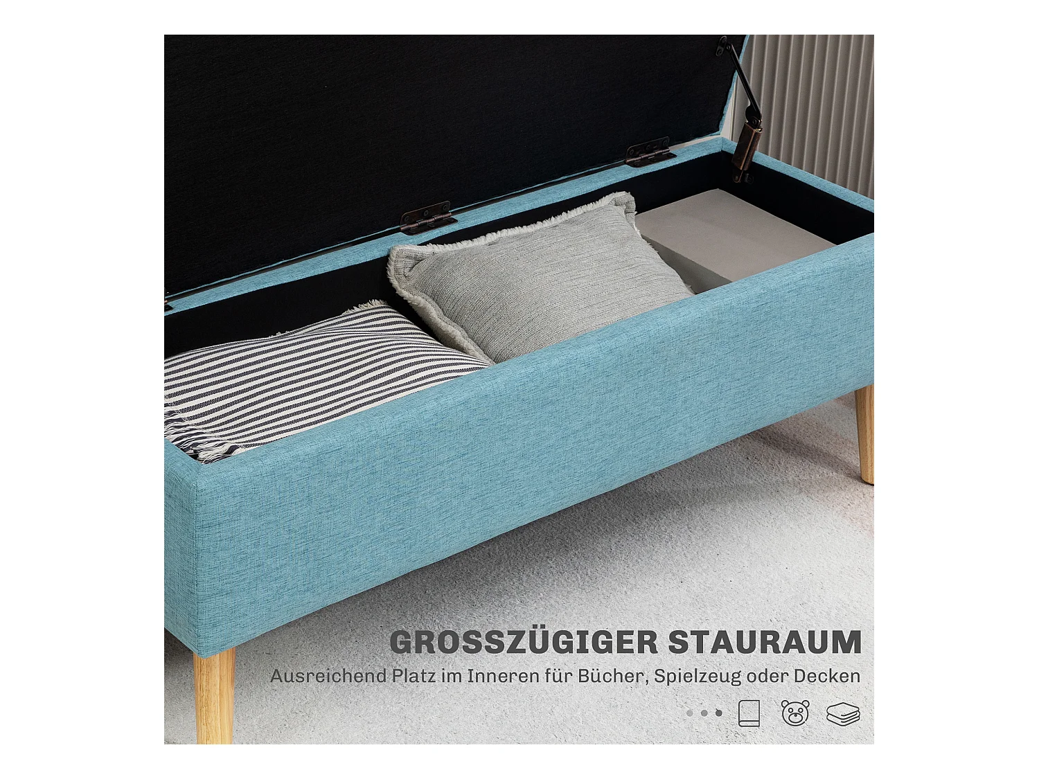 Sitzbank Polsterbank mit Stauraum Bettbank mit Leinenoptik Blau 110 x 39 x 45 cm