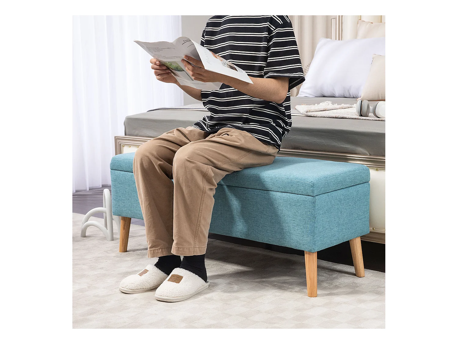 Sitzbank Polsterbank mit Stauraum Bettbank mit Leinenoptik Blau 110 x 39 x 45 cm