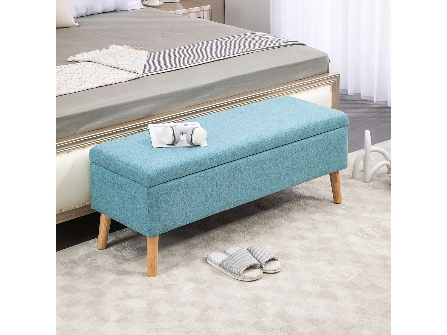 Sitzbank Polsterbank mit Stauraum Bettbank mit Leinenoptik Blau 110 x 39 x 45 cm