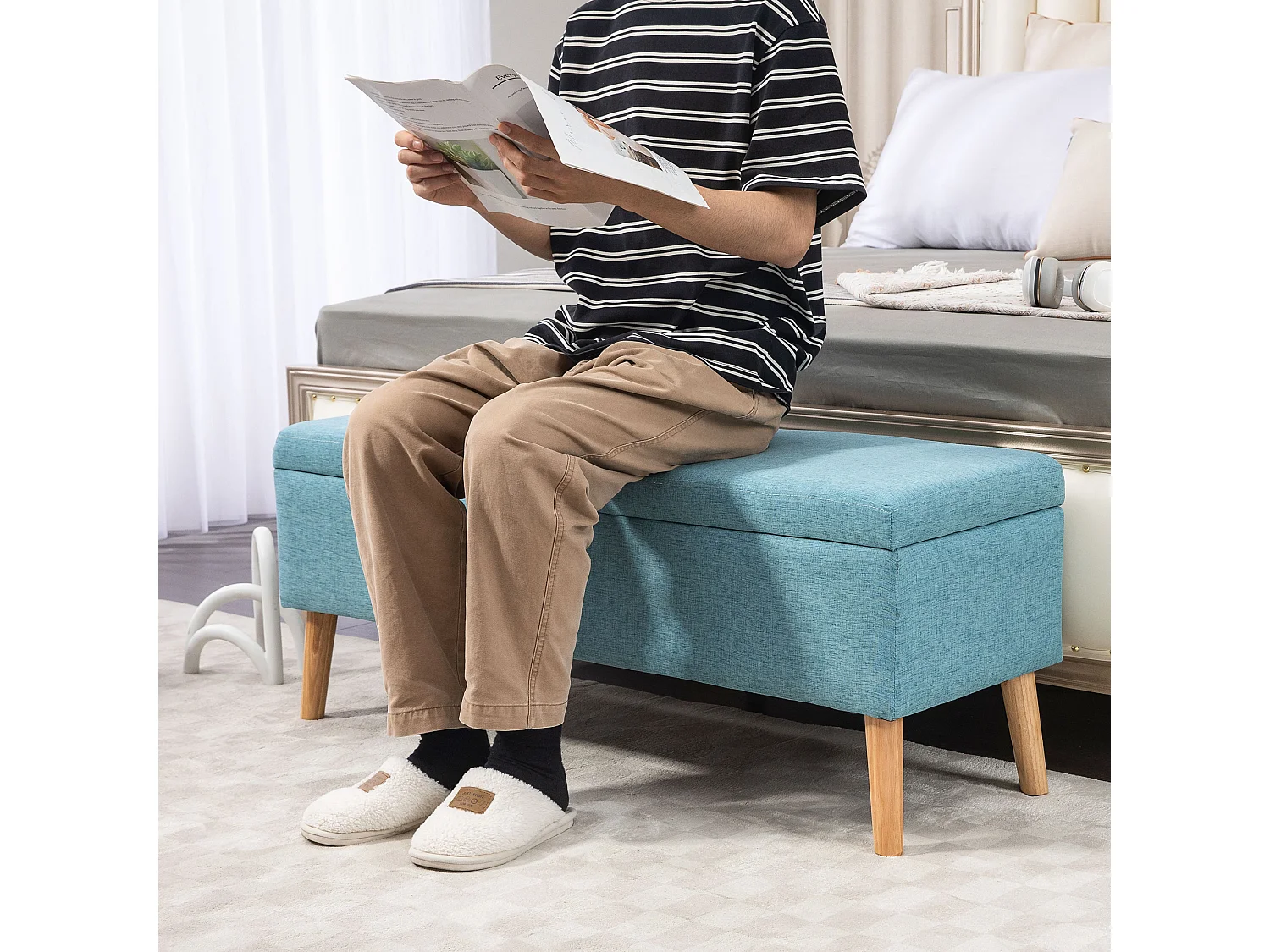 Sitzbank Polsterbank mit Stauraum Bettbank mit Leinenoptik Blau 110 x 39 x 45 cm