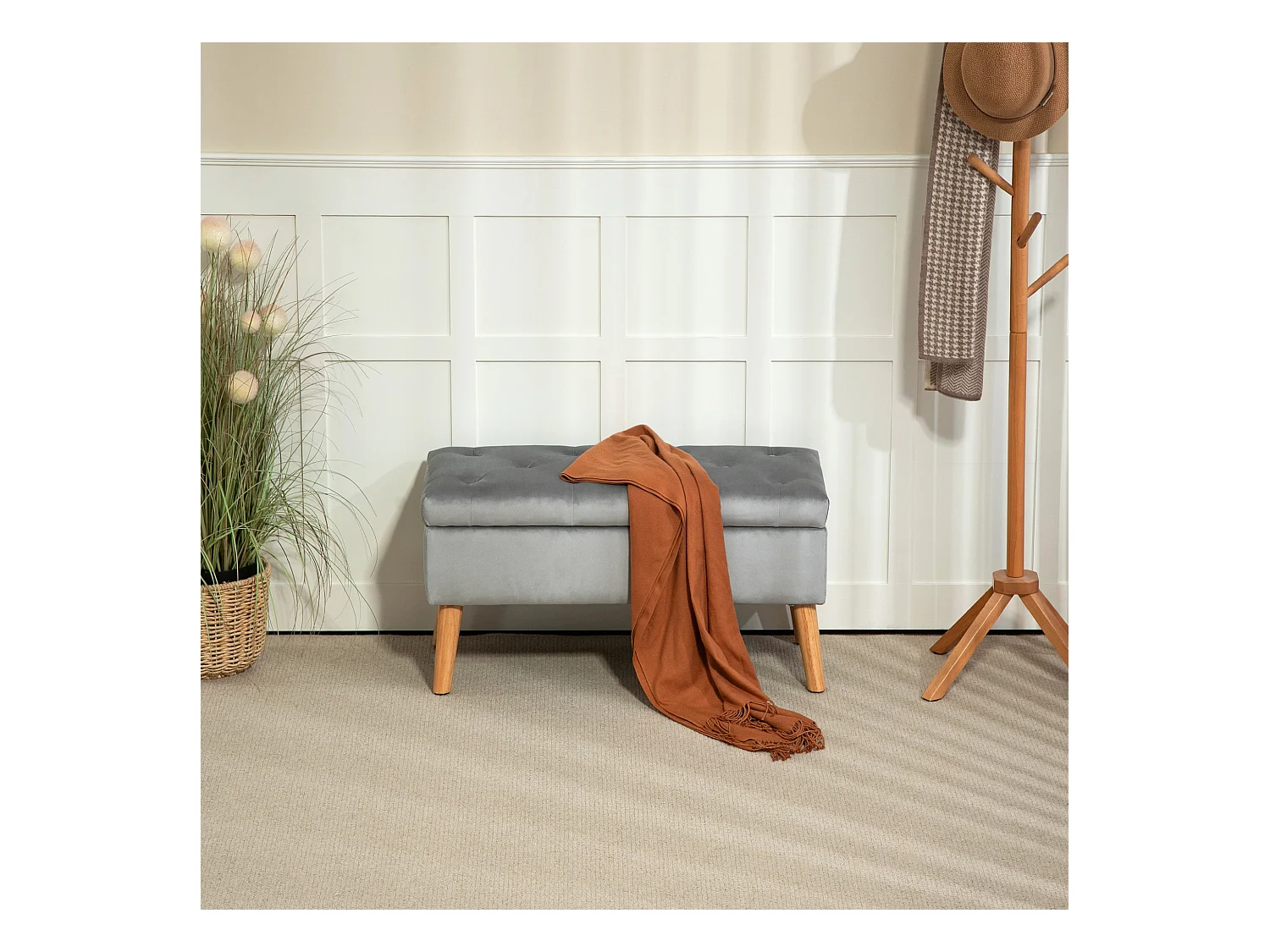 Banc avec rangement,banc rembourré avec couvercle,aspect velours,bois d'hévéa 102x35x43cm