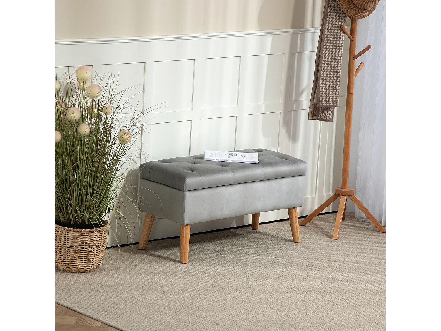 Banc avec rangement,banc rembourré avec couvercle,aspect velours,bois d'hévéa 102x35x43cm