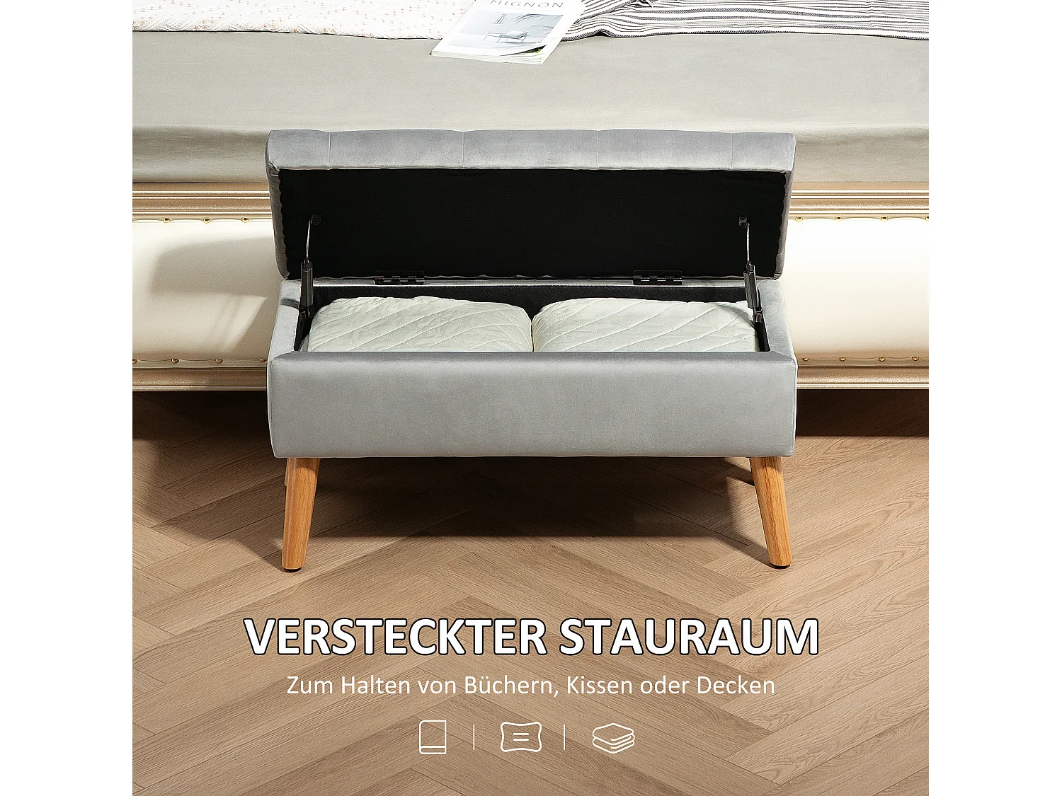 Banc avec rangement,banc rembourré avec couvercle,aspect velours,bois d'hévéa 102x35x43cm