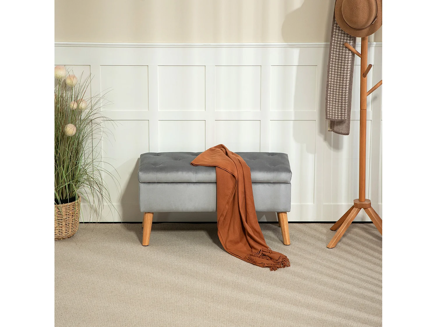 Banc avec rangement,banc rembourré avec couvercle,aspect velours,bois d'hévéa 102x35x43cm