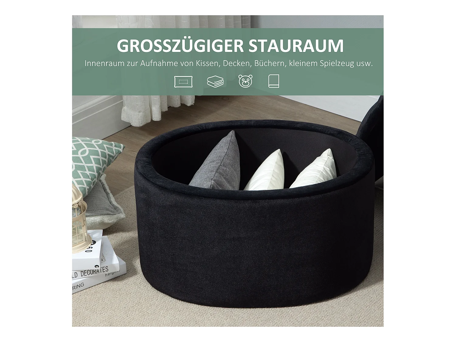 Bank in zwart,moderne gestoffeerde bank met opbergruimte,fluweelachtig polyester,71x52x42cm