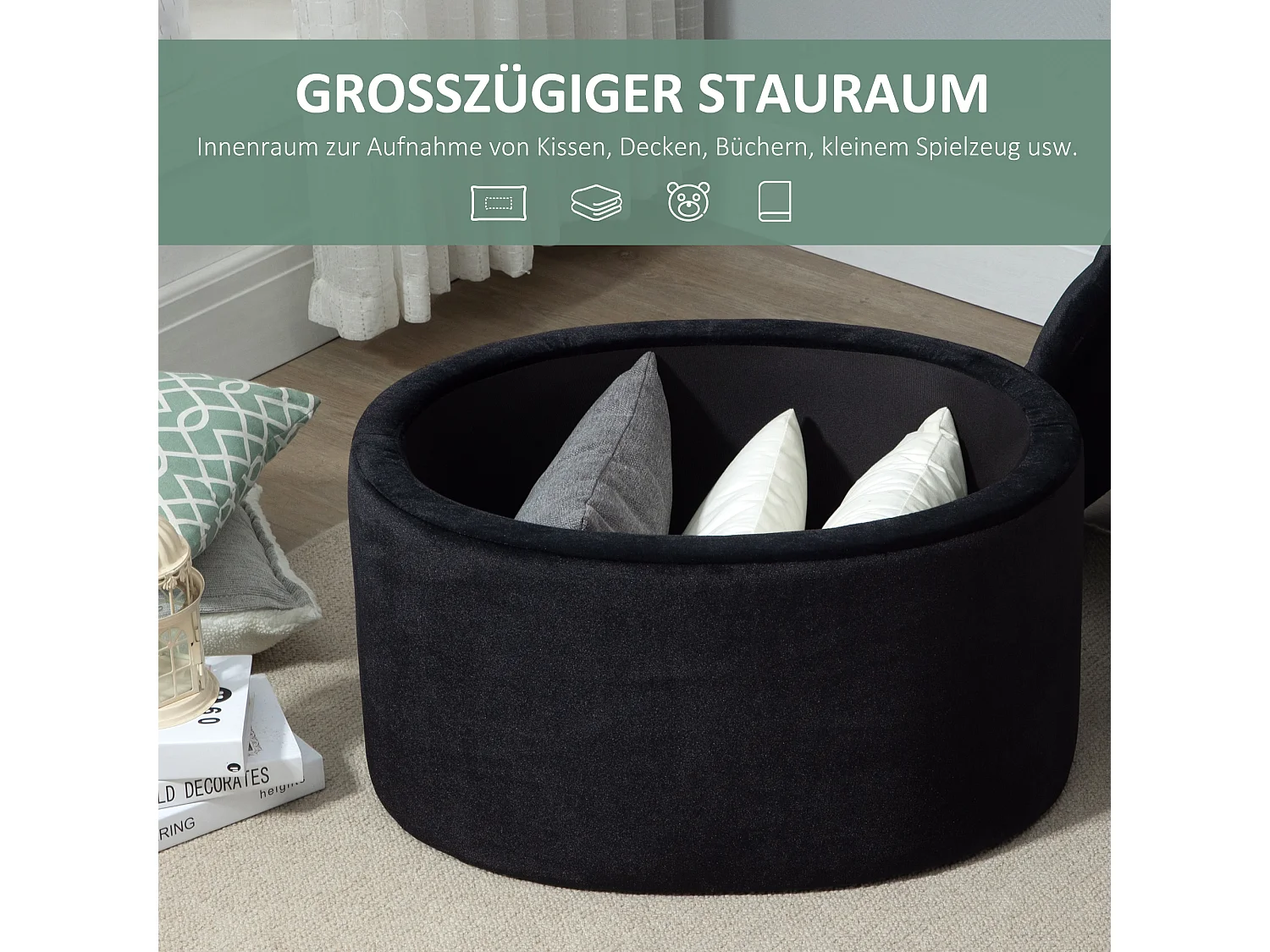 Bank in zwart,moderne gestoffeerde bank met opbergruimte,fluweelachtig polyester,71x52x42cm