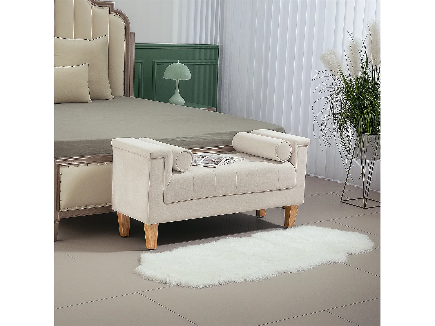 Gestoffeerde bank met chenille bekleding Bedbank met armleuning en 2 cilinderkussens