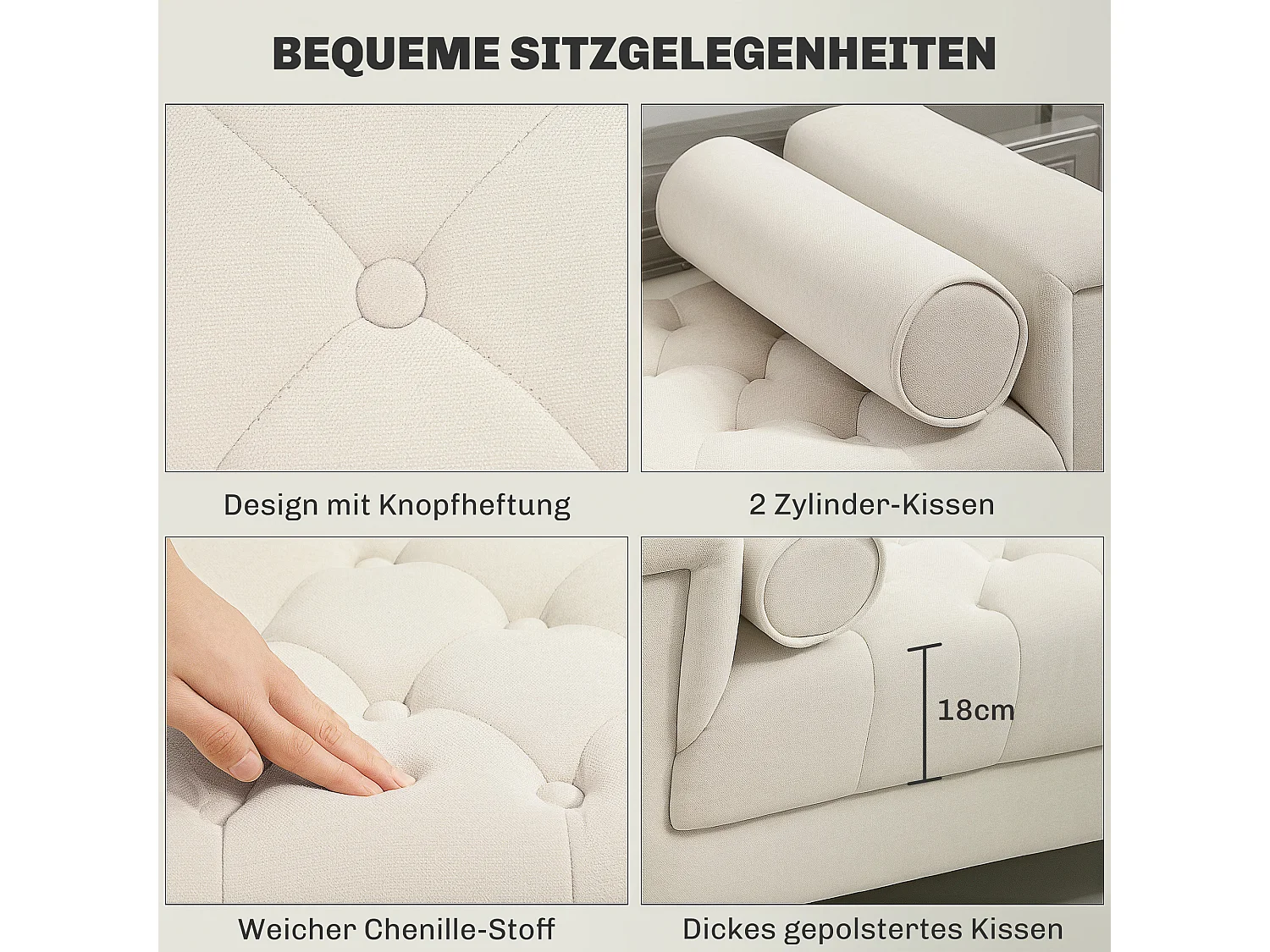 Gestoffeerde bank met chenille bekleding Bedbank met armleuning en 2 cilinderkussens