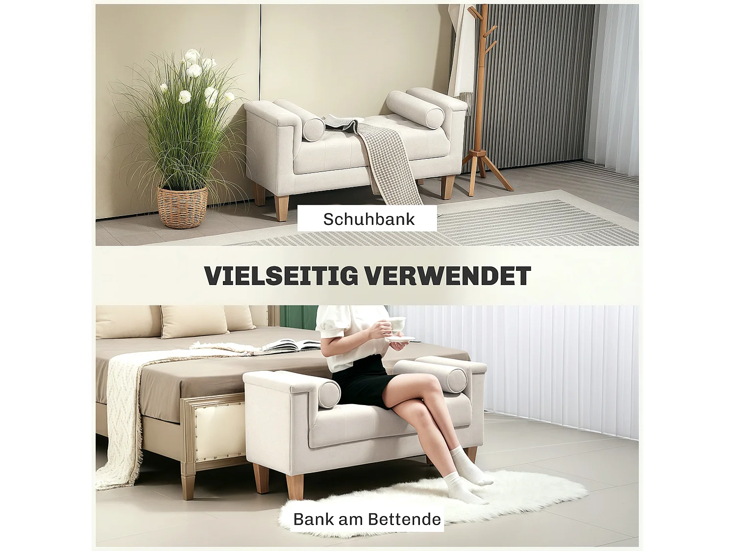 Gestoffeerde bank met chenille bekleding Bedbank met armleuning en 2 cilinderkussens