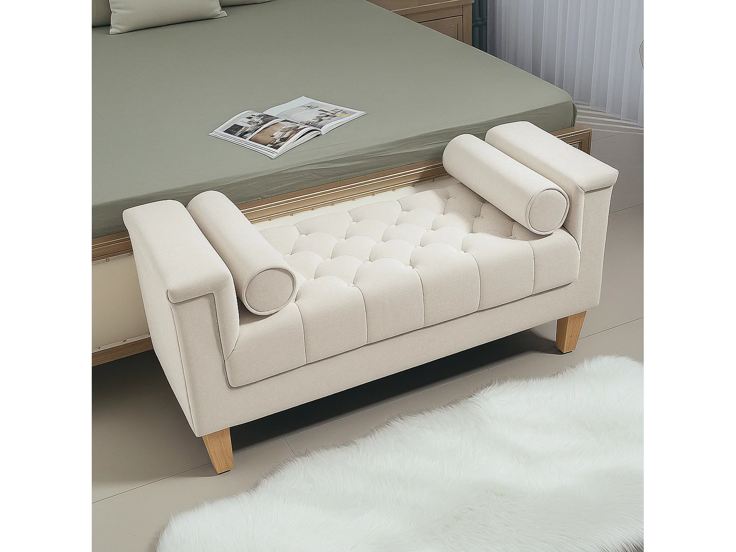 Gestoffeerde bank met chenille bekleding Bedbank met armleuning en 2 cilinderkussens