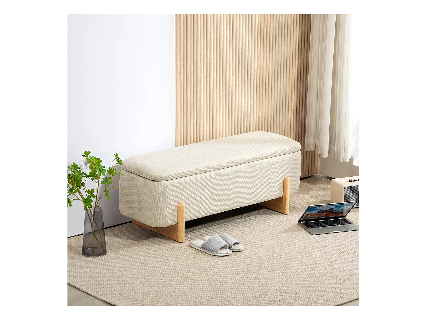 Sitzbank mit Stauraum, Polsterbank mit Leinenoptik,Bettbank mit Sicherheitsscharniere