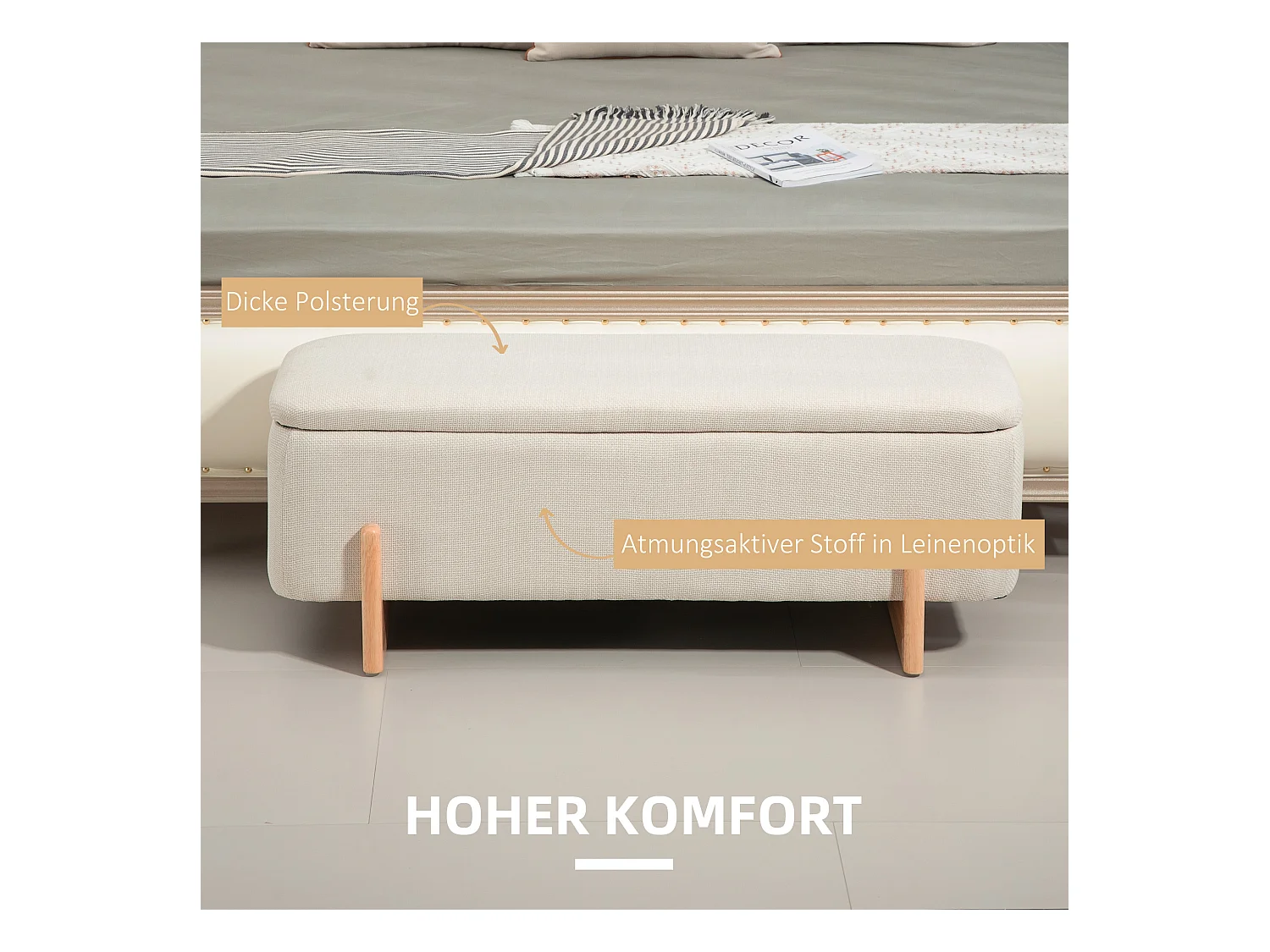 Sitzbank mit Stauraum, Polsterbank mit Leinenoptik,Bettbank mit Sicherheitsscharniere