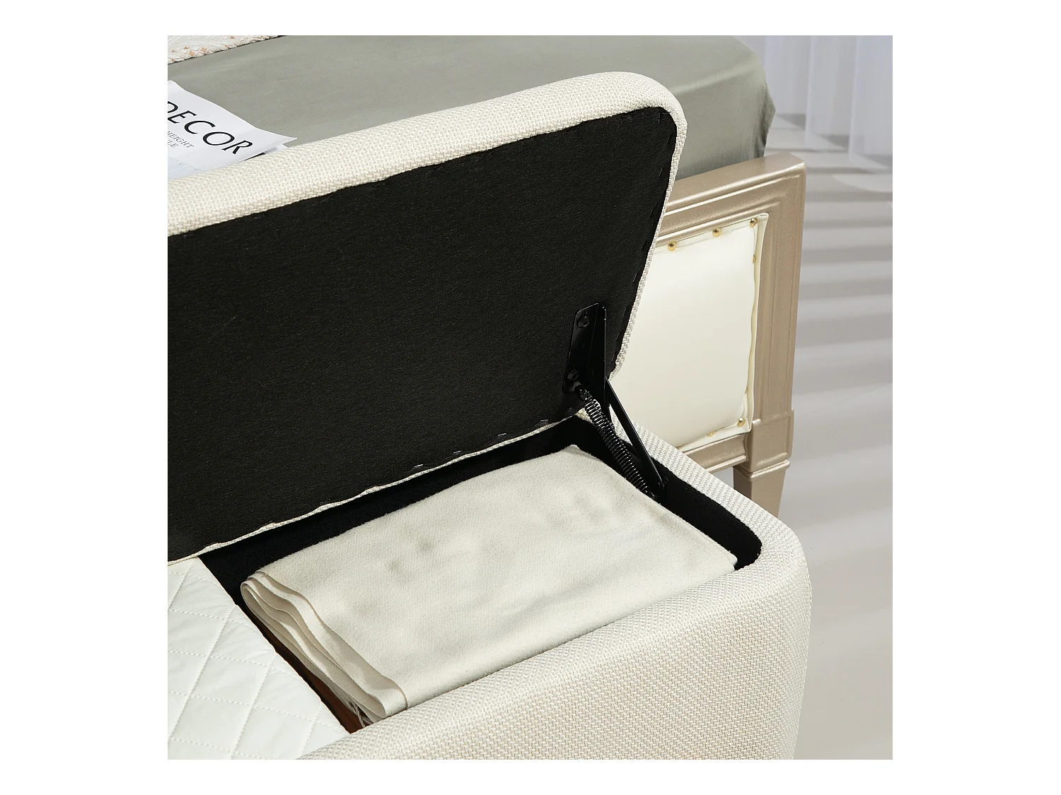 Sitzbank mit Stauraum, Polsterbank mit Leinenoptik,Bettbank mit Sicherheitsscharniere