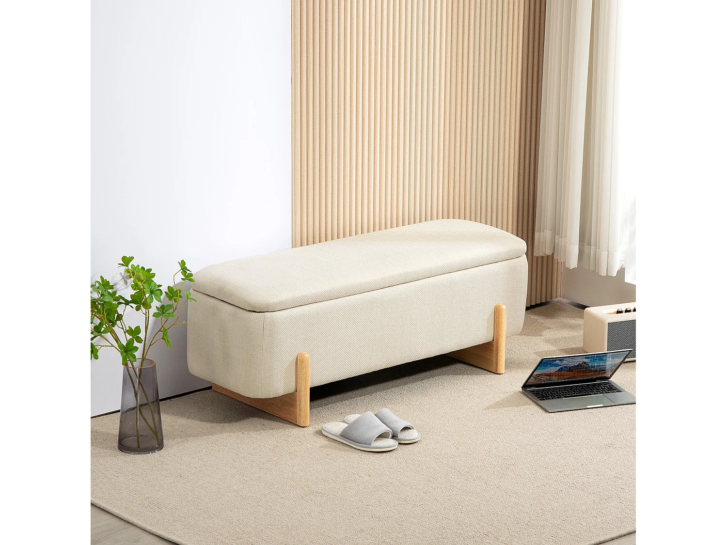 Banc avec espace de rangement,banc rembourré aspect lin,pieds en bois