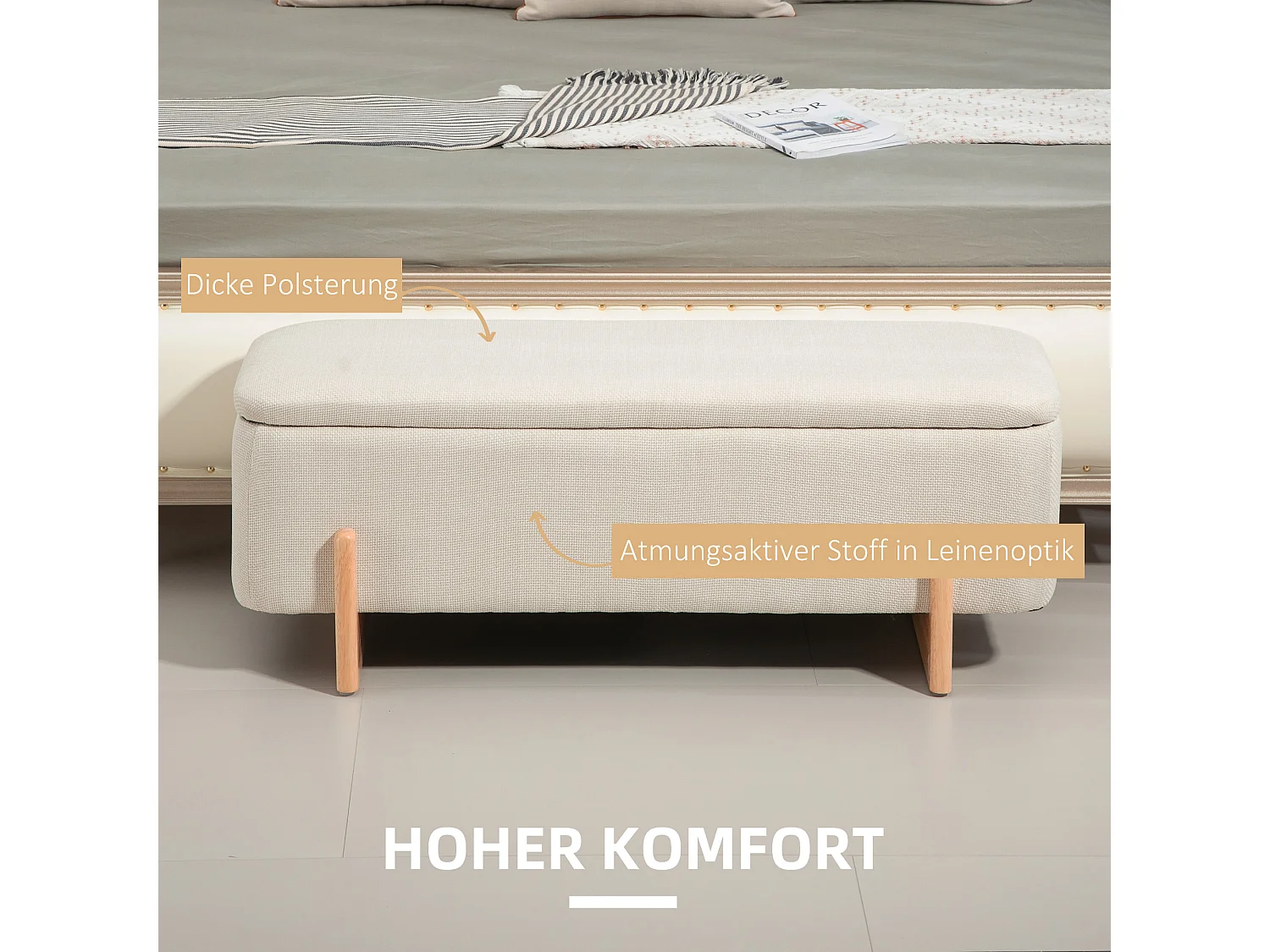 Banc avec espace de rangement,banc rembourré aspect lin,pieds en bois