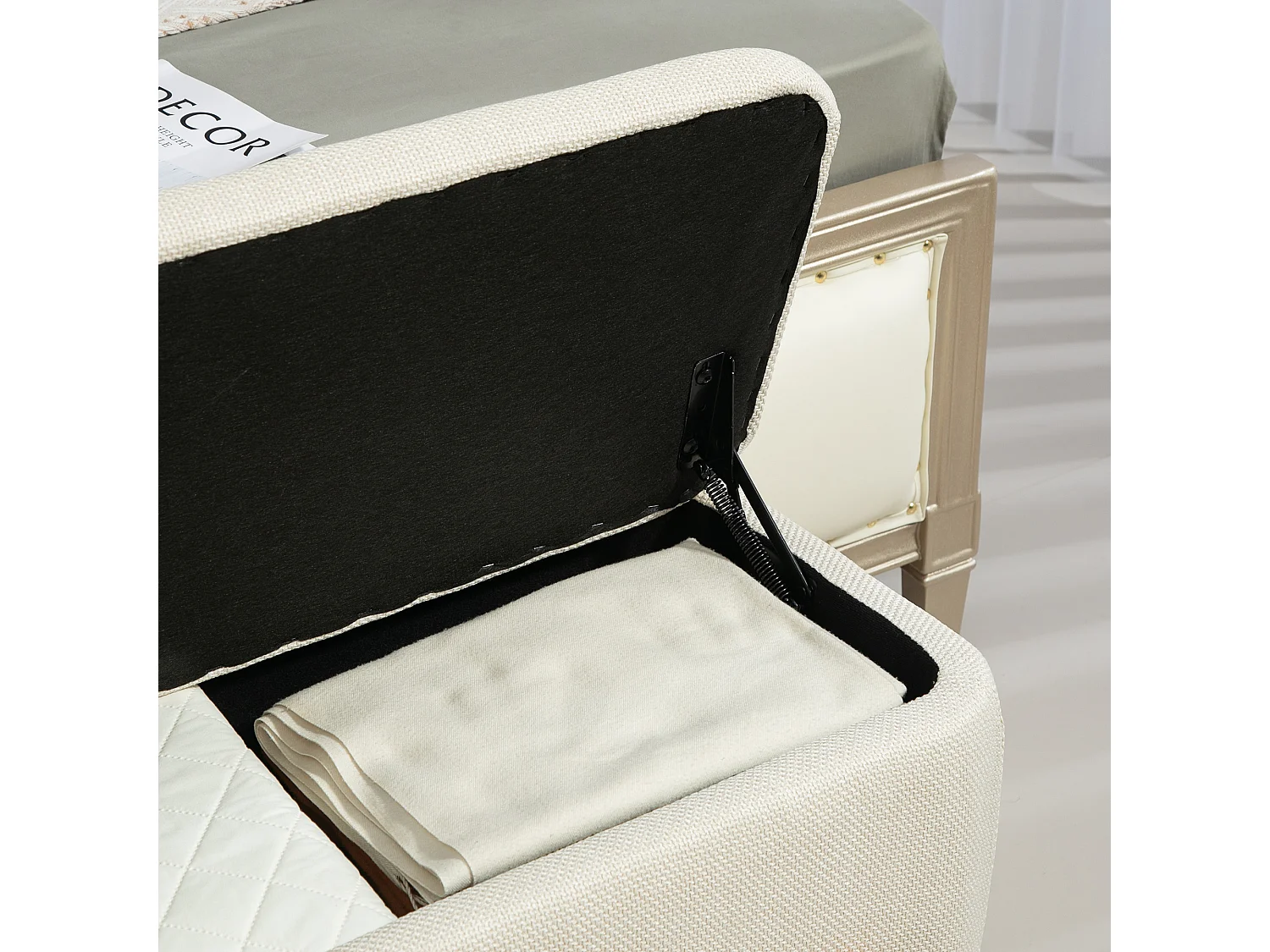 Banc avec espace de rangement,banc rembourré aspect lin,pieds en bois