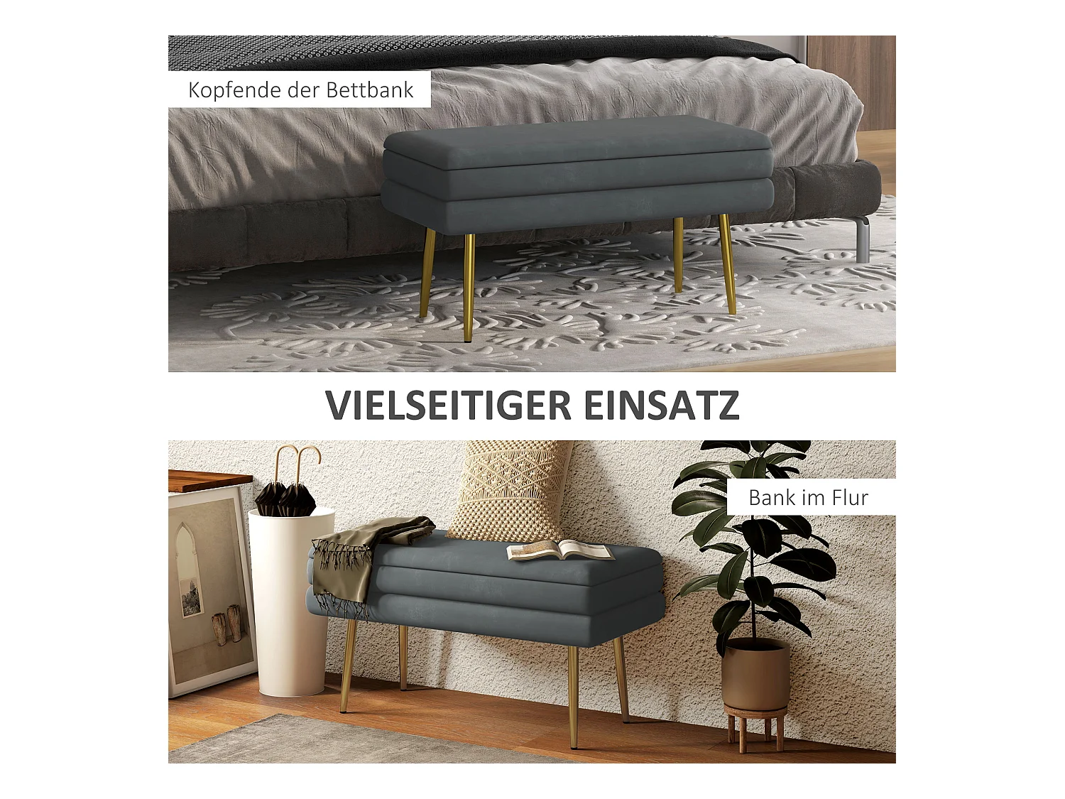 Sitzbank Polsterbank mit Stauraum in Grau, Samtoptik, Bettbank mit Stahlbeinen