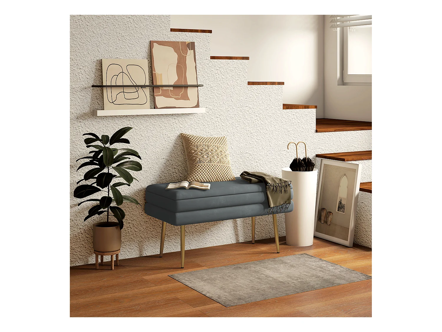 Banc rembourré avec espace de rangement en gris,aspect velours,avec pieds en acier