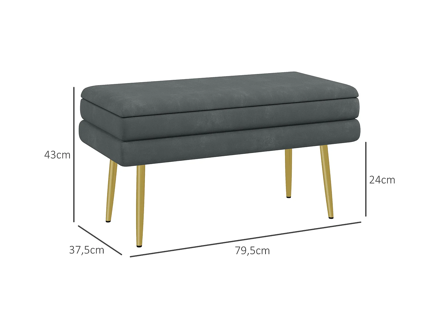 Banc rembourré avec espace de rangement en gris,aspect velours,avec pieds en acier