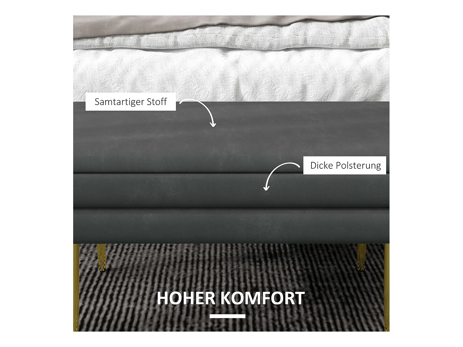 Banc rembourré avec espace de rangement en gris,aspect velours,avec pieds en acier