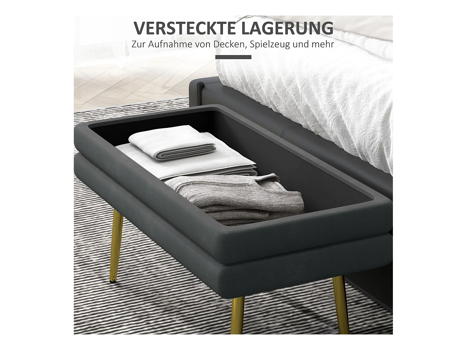 Banc rembourré avec espace de rangement en gris,aspect velours,avec pieds en acier