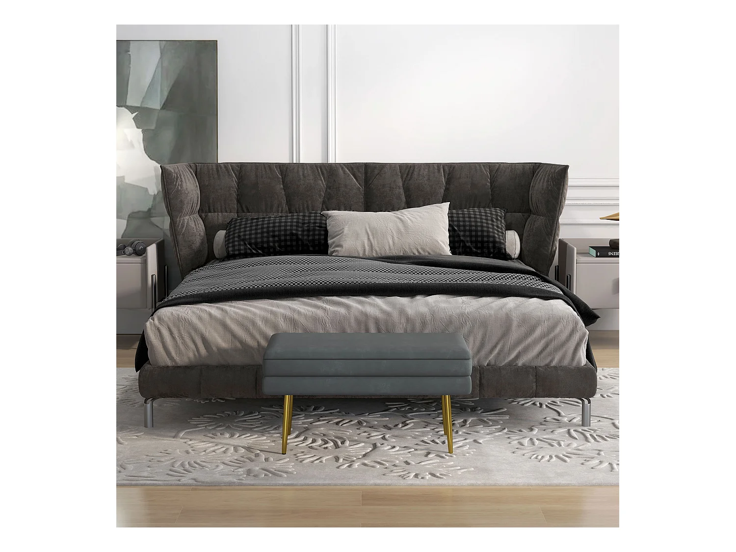 Banc rembourré avec espace de rangement en gris,aspect velours,avec pieds en acier