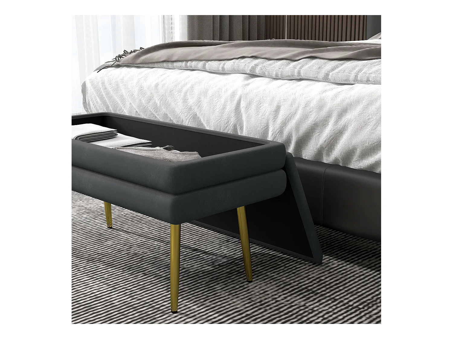 Banc rembourré avec espace de rangement en gris,aspect velours,avec pieds en acier