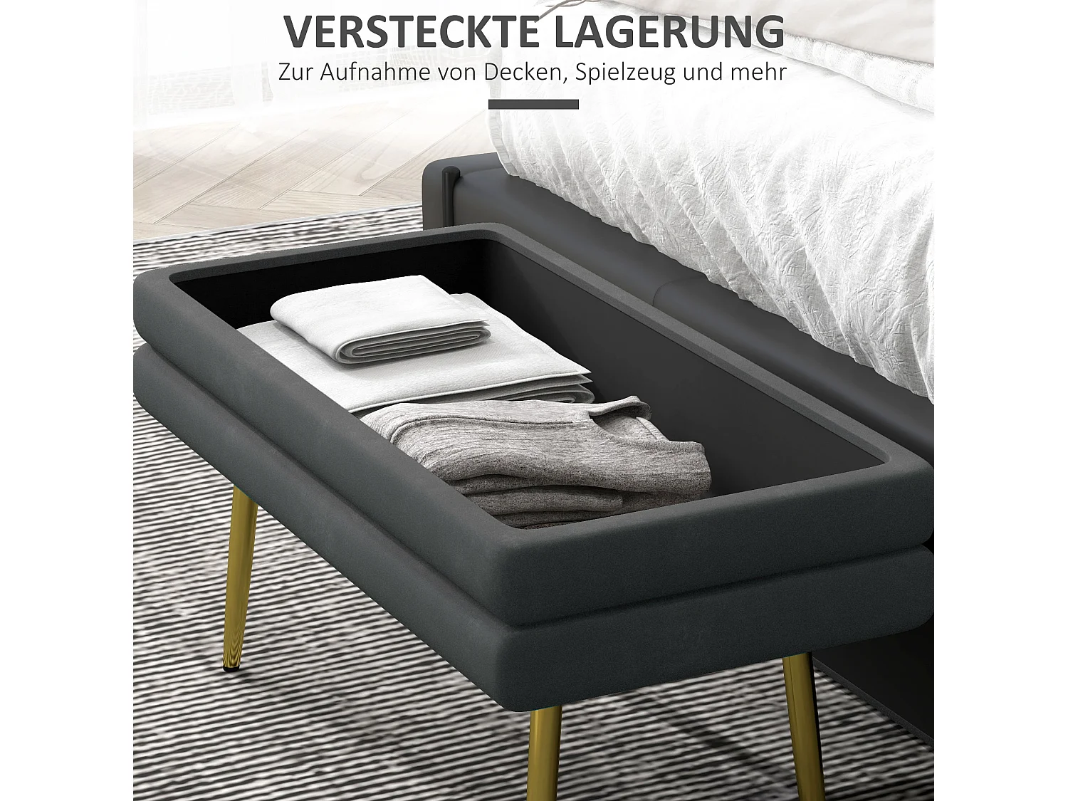 Banc rembourré avec espace de rangement en gris,aspect velours,avec pieds en acier