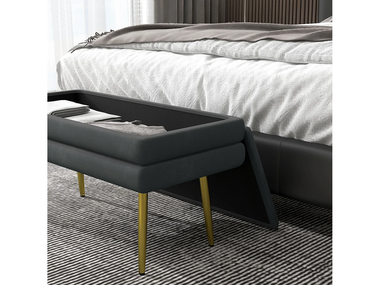 Banc rembourré avec espace de rangement en gris,aspect velours,avec pieds en acier