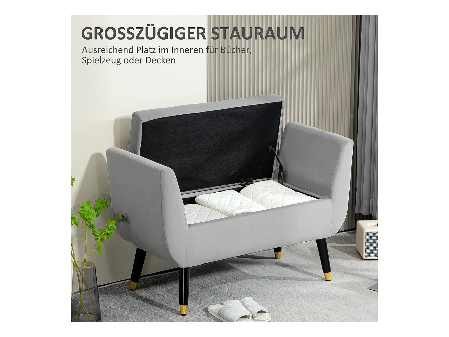 Luxus Sitzbank Polsterbank mit Stauraum Armlehnen Truhenbank Samtartiges