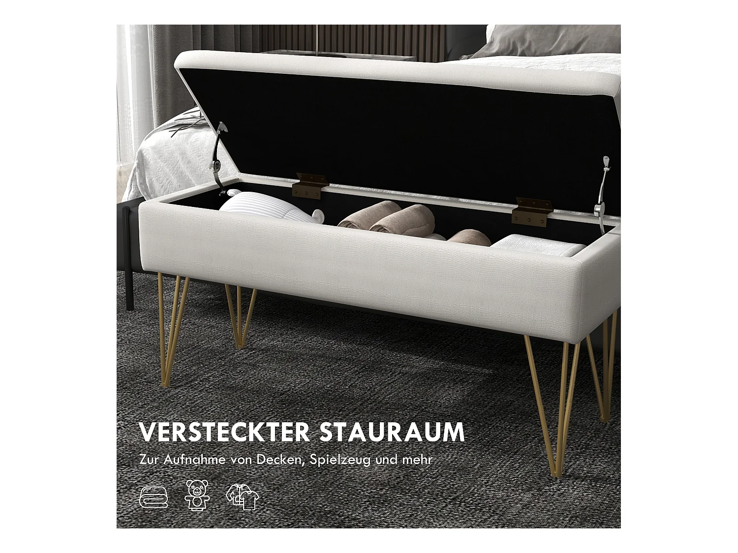 Gestoffeerde bank met opbergruimte,linnenlook,bedbank met stalen poten