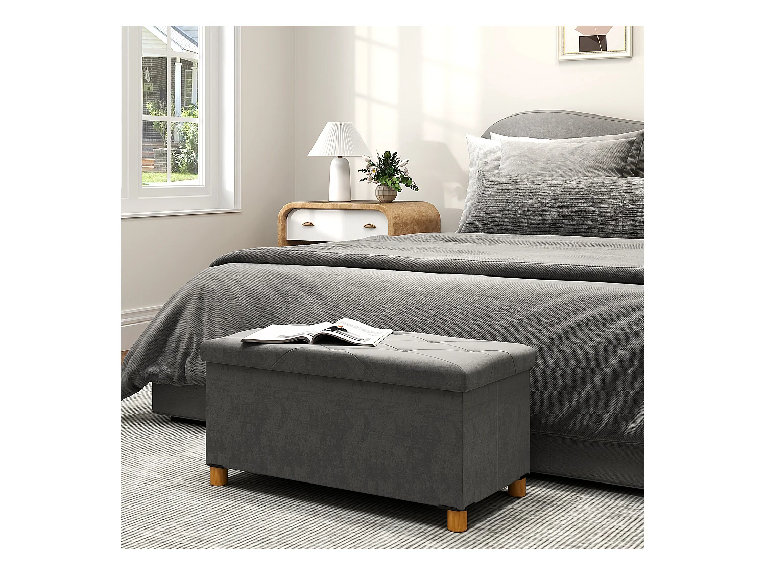 Banc avec rangement,banc rembourré pliable,aspect velours,siège coffre,76x38x38cm gris