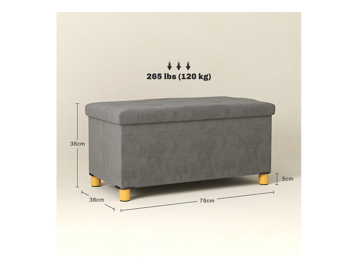 Banc avec rangement,banc rembourré pliable,aspect velours,siège coffre,76x38x38cm gris