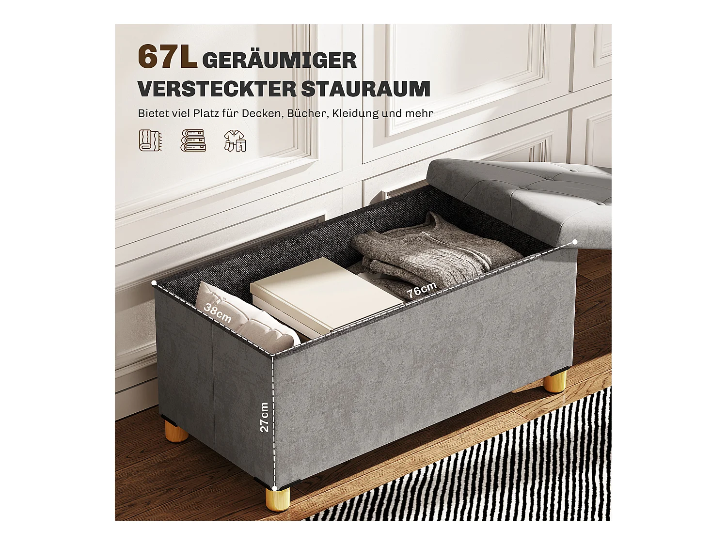 Banc avec rangement,banc rembourré pliable,aspect velours,siège coffre,76x38x38cm gris