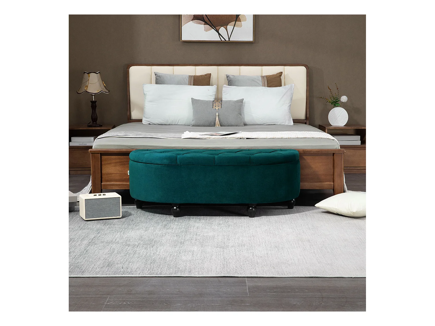 Banco con almacenaje y tapa abierta,banco tapizado de madera de caucho,tacto terciopelo