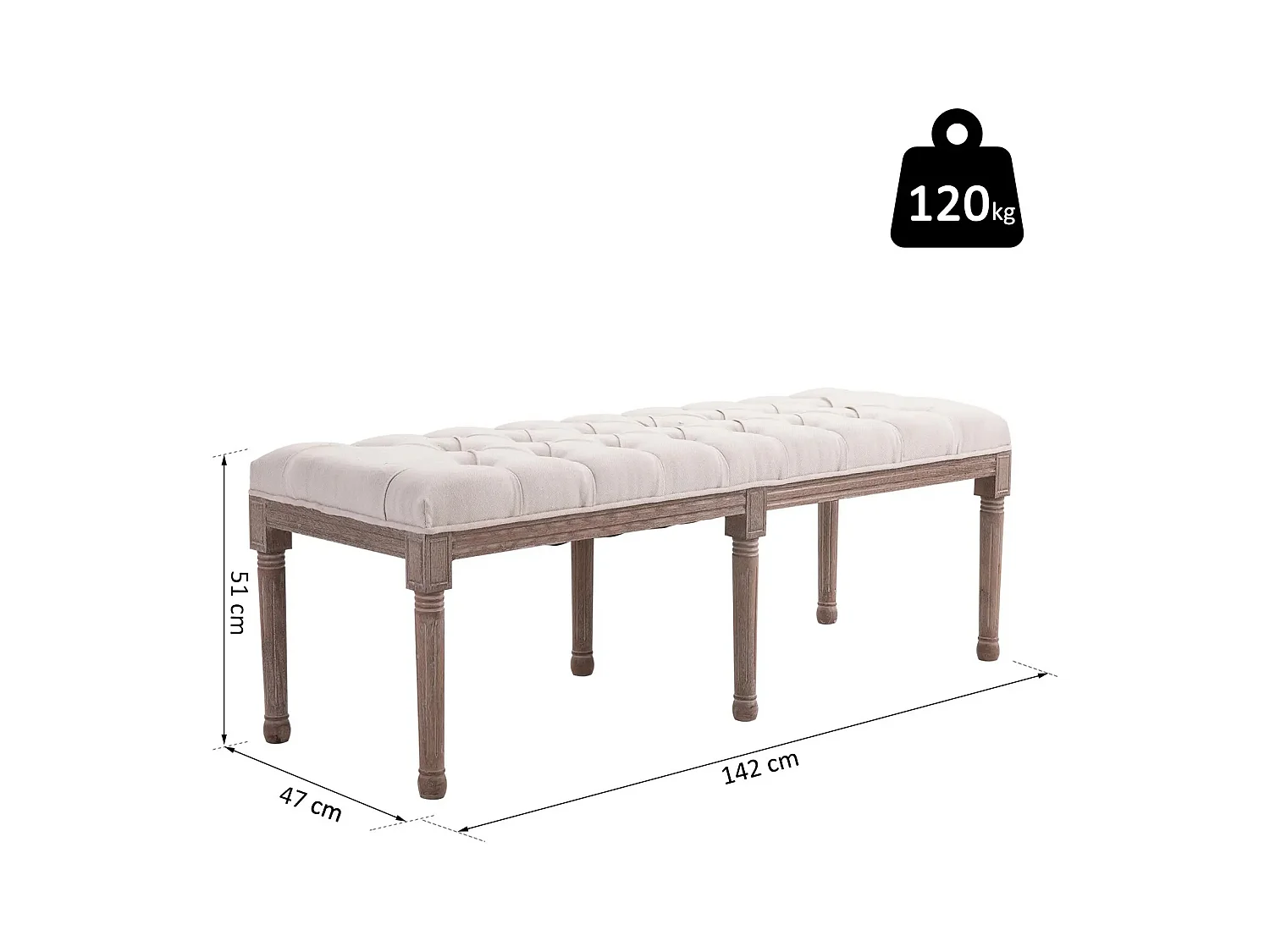 Banc rembourré,tabouret de salon,vintage rétro avec boutons,bois de lin1 42x47x51cm