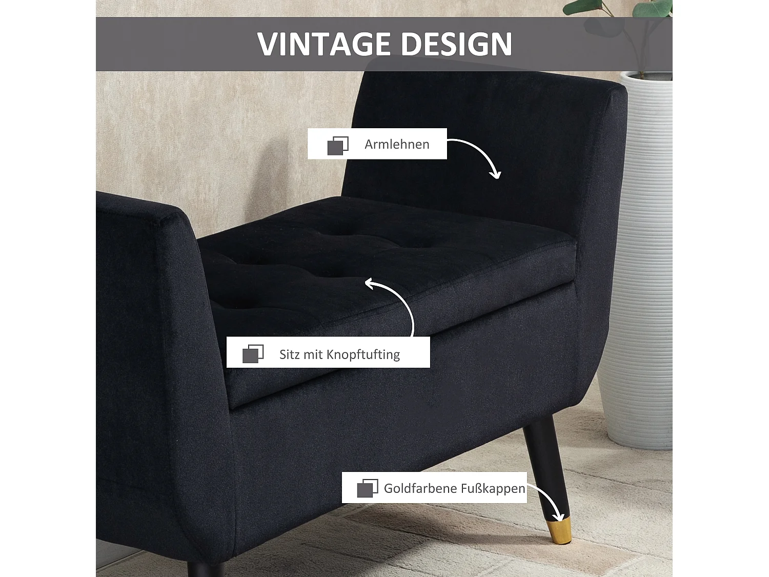 Luxe gestoffeerde bank met opbergruimte & armleuningen,fluweelachtig polyester,rubberhout