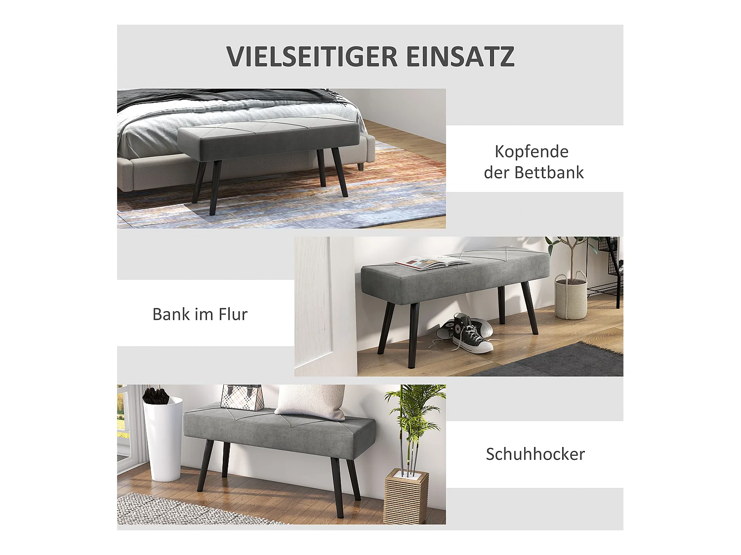 Polsterbank Samtoptik Sitzbank Bettbank Flurbank X-Muster bis 120 kg grau 100x36x45 cm